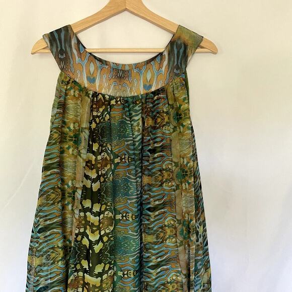 Halter neck green blue brown maxi dress modest women's size large flowy dress - Picture 2 of 7